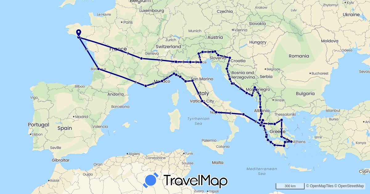 TravelMap itinerary: driving in Albania, France, Greece, Croatia, Italy, Monaco, Montenegro, Slovenia (Europe)